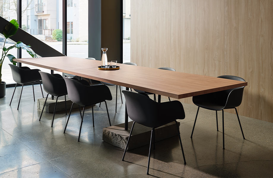A light woodgrained meeting table 