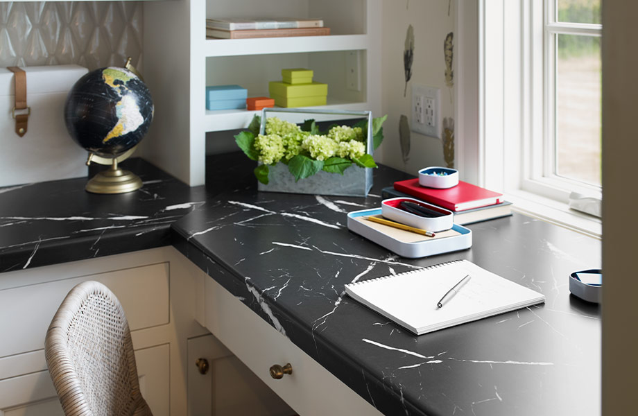 Corner desk with a marbled top